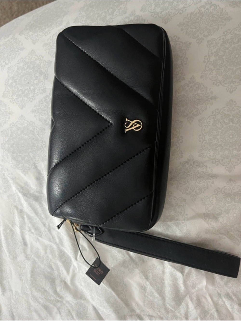 Victoria's Secret Black Quilted Wristlet with Gold Logo